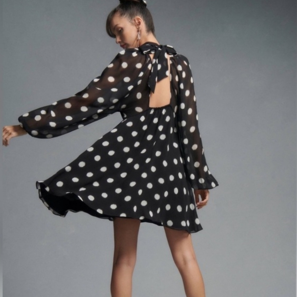NWT Anthropologie × Maeve Polka Dot Long Sheer Sleeve Mini Dress Tie Back SM